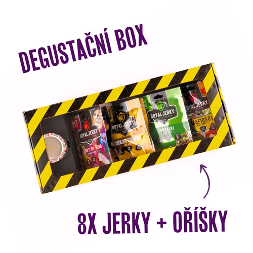 Royal Jerky: Degustačný BOX (8×12 g jerky, 1× 110 g oriešky)
